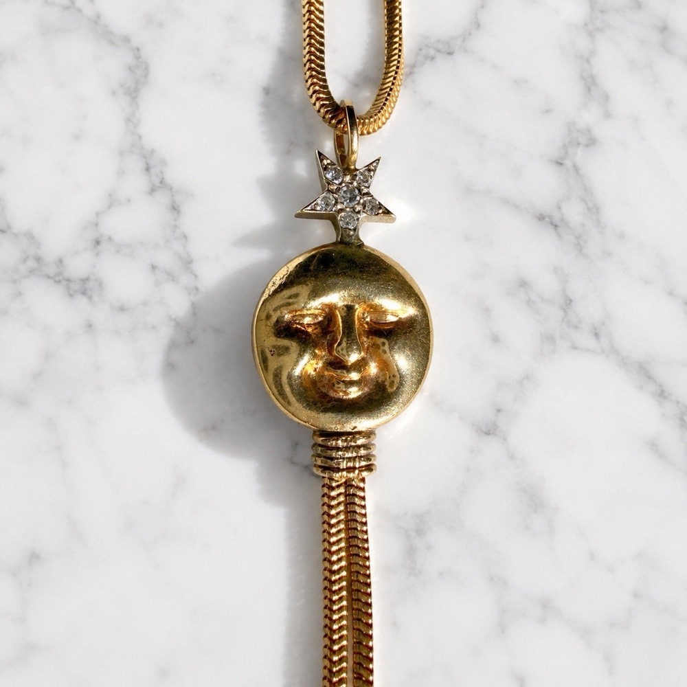 Vintage Italian 18K Gold Diamond Celestial Moon Star Whimsigoth Lariat Necklace - Picture 1 of 9